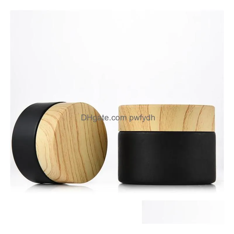 wholesale black frosted glass jars cosmetic jars with woodgrain plastic lids pp liner 5g 10g 15g 20g 30 50g lip balm cream containers