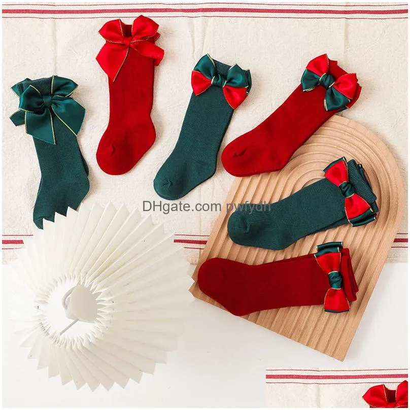 baby girls christmas socks toddler big bow red knee high long socks soft cotton kids sock born gift socken for 0-5 years