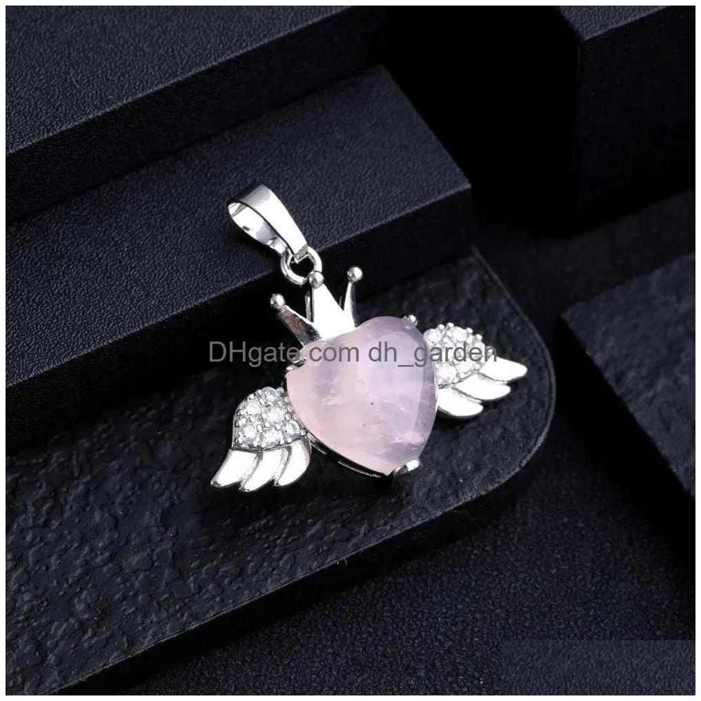 Charms Natural Stone Heart Wing Pendant For Women Rose Quartz Amethyst Tiger Eye Charms Jewelry Making Necklaces Wholesale D Dhgarden Dhlfg