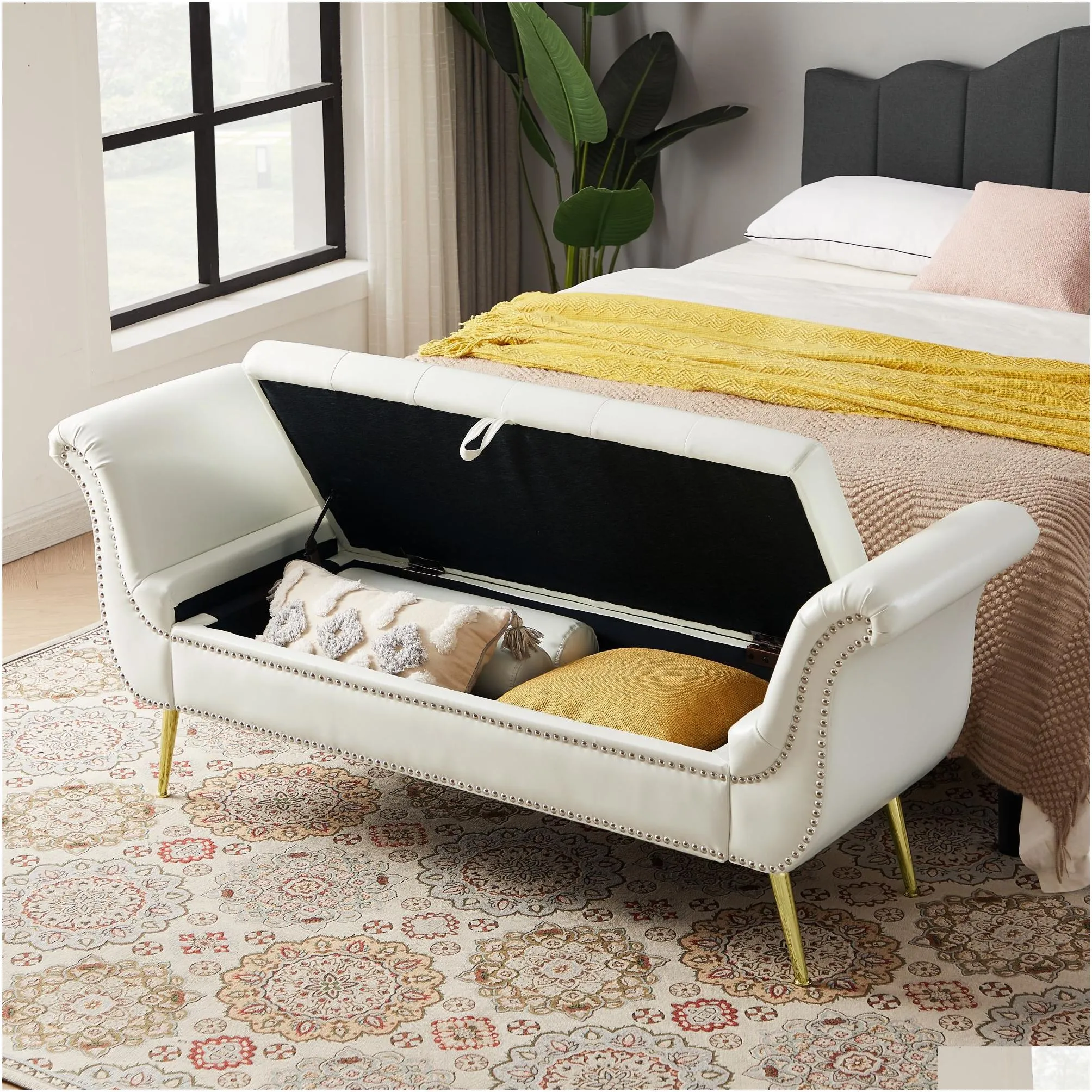 Sitting Bench PU Leather with Storage Space and 2 Pillows Hardware Feet,white