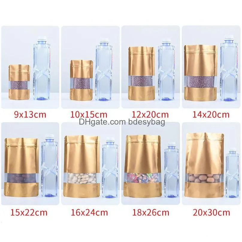 9 size golden stand up aluminium foil bag with clear window plastic pouch zipper reclosable food storage packaging bag lx2687