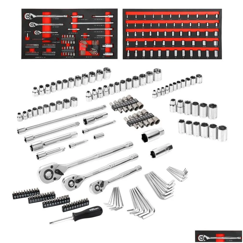 Hyper Tough 153-Piece Mechanic Tool Set, 1 4-inch, 3 8-inch, 1 2-inch Drive Ratchets and Sockets, Storage Trays