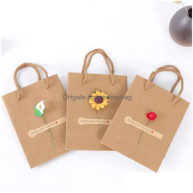 kraft paper tote bag rope handle shopping bag hand carry pouch gift bag for birthday christmas holiday gift lz1679