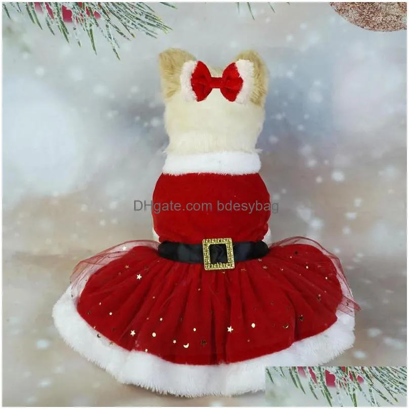 Dog Apparel Dog Apparel Pet Christmas Outfit Shiny Netting Santa Claus Cute Girl Clothing Red Dresses Cat Drop Delivery Home Garden Pe Dh1Ai