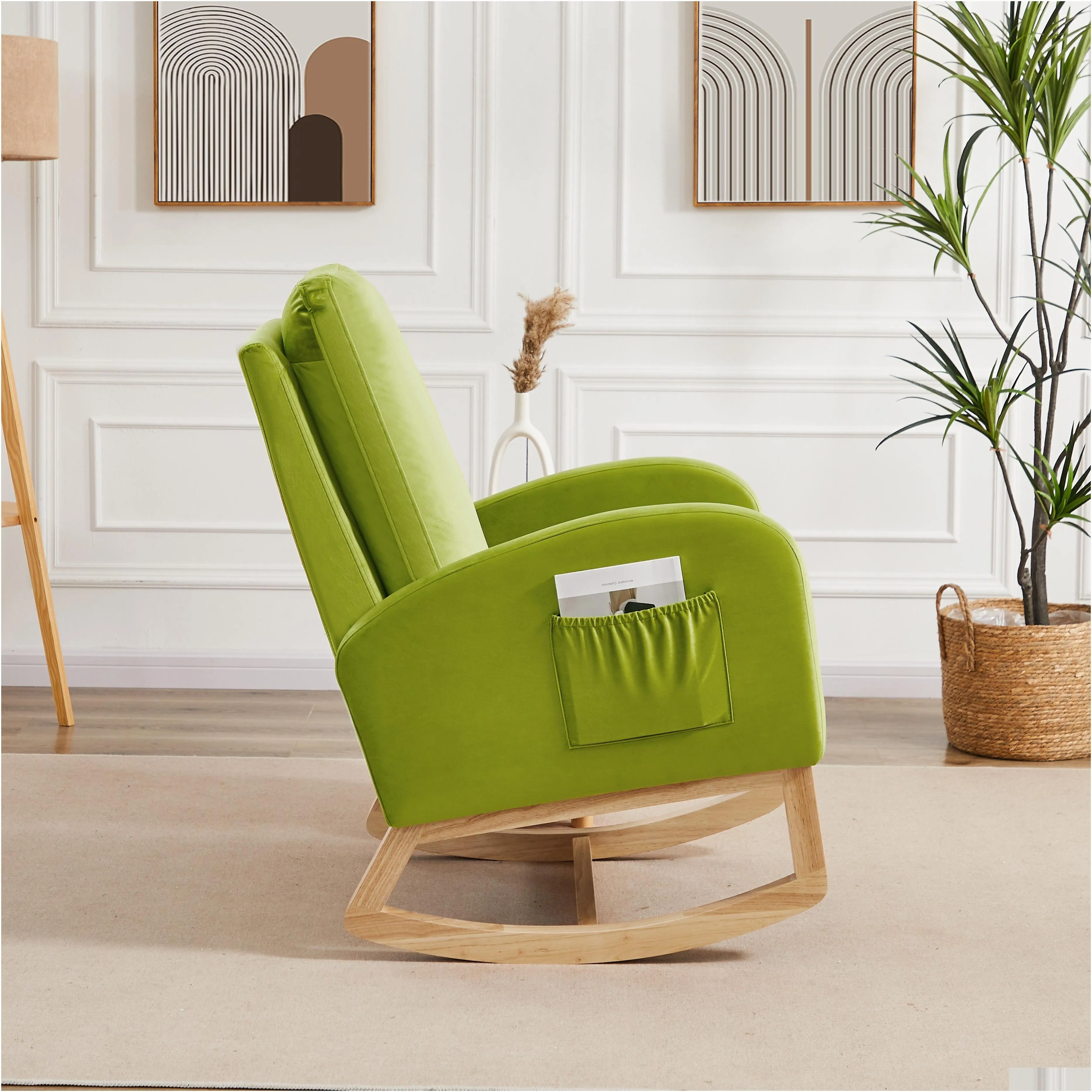 Rocking Chair Mid-Century Modern Rocking Armchair Upholstered Tall Back Accent Glider Rocker,Green