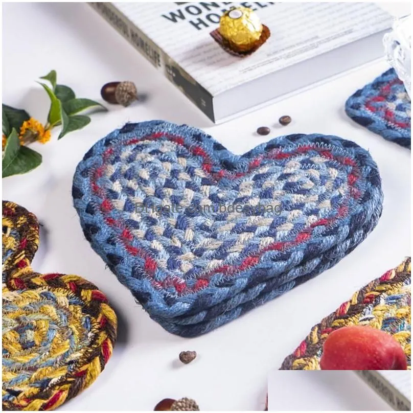 Mats & Pads Table Mats Heart Shape Placemat Rope Coasters For Drinks Handmade Braided Heat Insation Mat Super Absorbent Cup Pad Home K Dh84B