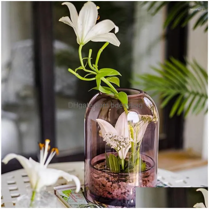 Vases Vases Glass Vase Transparent Straight Candle Er Display Ornaments Desktop Simple Dust-Proof Flower Arranging Home Decoration Dro Dh0B1