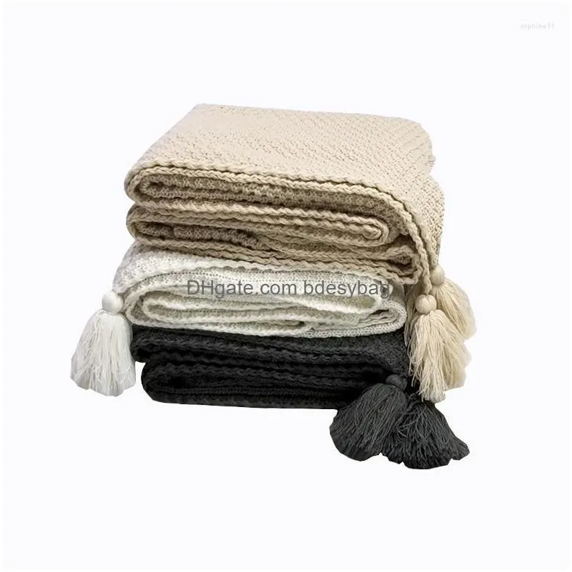 Blankets Blankets Ins Nordic Style Sofa Er Blanket Office Nap Tassel Knitted Ball Wool Casual Air Conditioning Drop Delivery Home Gard Dhbpf