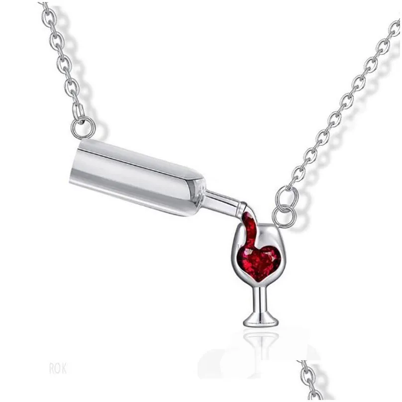 rose gold color creative wine glass pendant necklace for women zircon red heart wine cup charm necklace choker short1