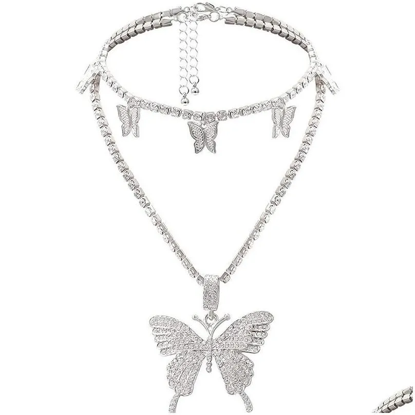 Chokers Crystal Butterfly Choker Necklace 2 Layered Rhinestone Sparkly Pendant Necklaces Chokers Jewerly Drop Delivery Jewelry Necklac Dhgp3