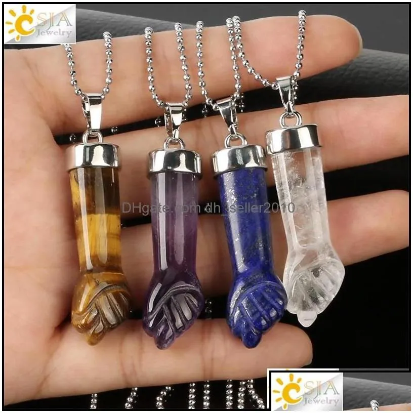 Pendant Necklaces Design Natural Stone Pendants Necklaces Carved Fist Arm Purple Crystal Quartz Tiger Eye Lapis Reiki Jewelry Women