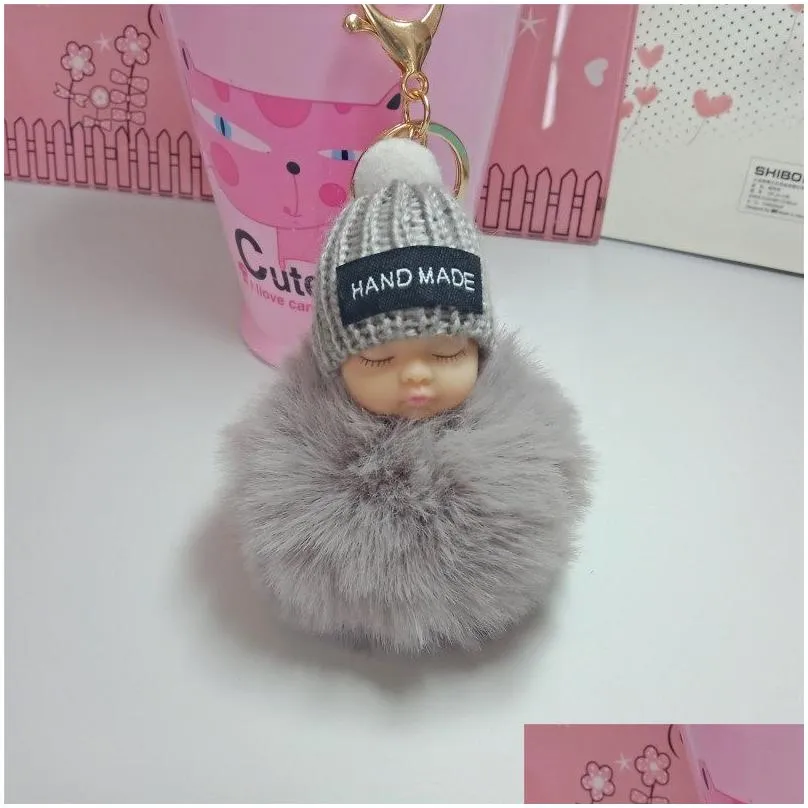 Cute Sleeping Baby Doll Keychain Pompom Rabbit Fur Ball Carabiner Key Chain Keyring Women Kids Key Holder Bag Pendant key ring kids