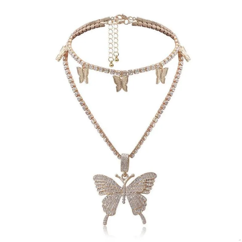 Chokers Crystal Butterfly Choker Necklace 2 Layered Rhinestone Sparkly Pendant Necklaces Chokers Jewerly Drop Delivery Jewelry Necklac Dhgp3