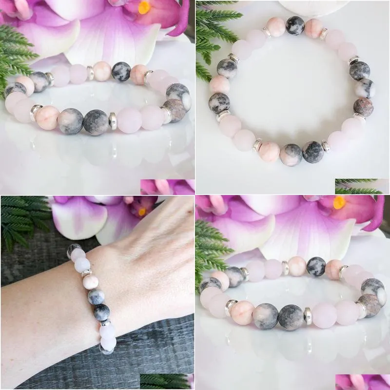 mg1517 strand matte rose quartz gemstone bracelet pink zebra jasper beaded bracelets heart chakra healing crystals mala jewelry