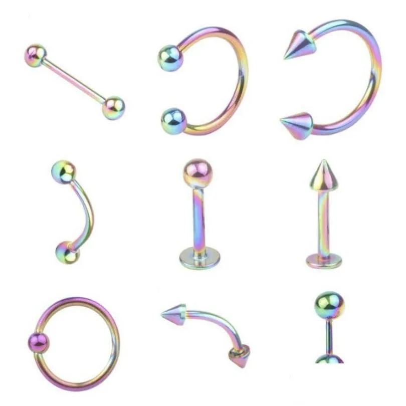 Other 9Pcs/Set Body Jewelry Stainless Steel Bell Button Rings Navel Nipple Tongue Ring Eyebrow Lip Piercing Sets Drop Delivery Jewelry Dhb9U