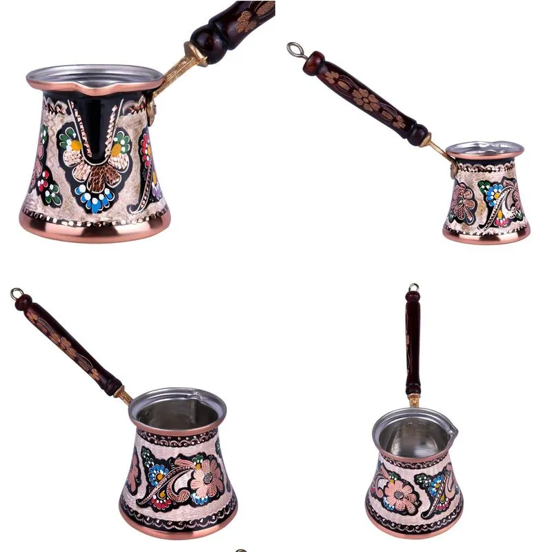 Coffee Pots 8.45Oz Turkish Copper Coffee Cezve Pot Hand Hammered In Turkey Wood Handle Drop Delivery Home Garden Kitchen, Dining Bar C Otx2E