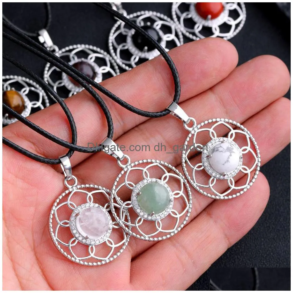 Charms Natural Stone Crystal Carving Round Sunflowercharms Tiger Eye Rose Quartz Rhinestone Women Pendants For Necklace Jewe Dhgarden Dhl6U