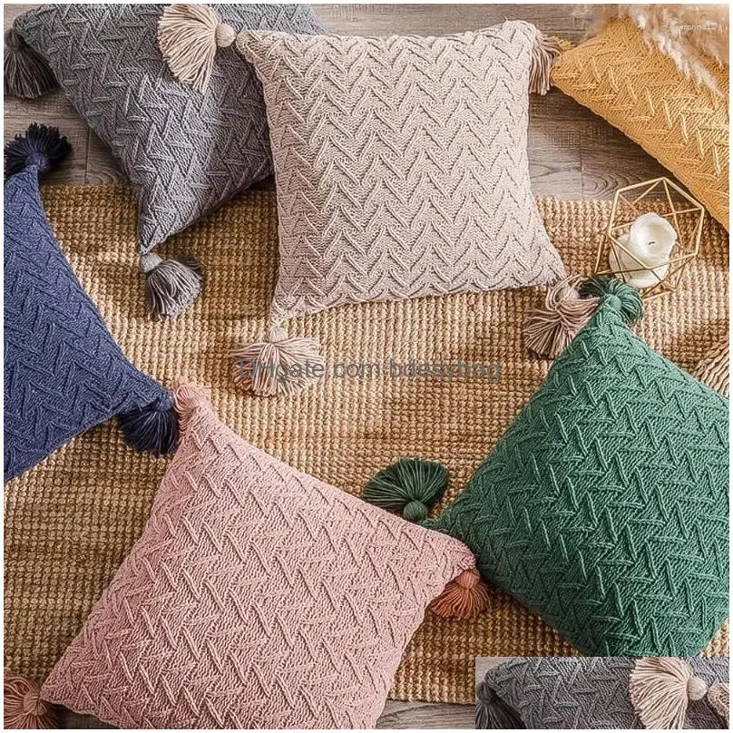 Cushion/Decorative Pillow Pillow Case Tassels Er Chenille Knit Pattern Throw Ers Decorative 45X45Cm For Sofa Bedroom Home Drop Deliver Dhemt