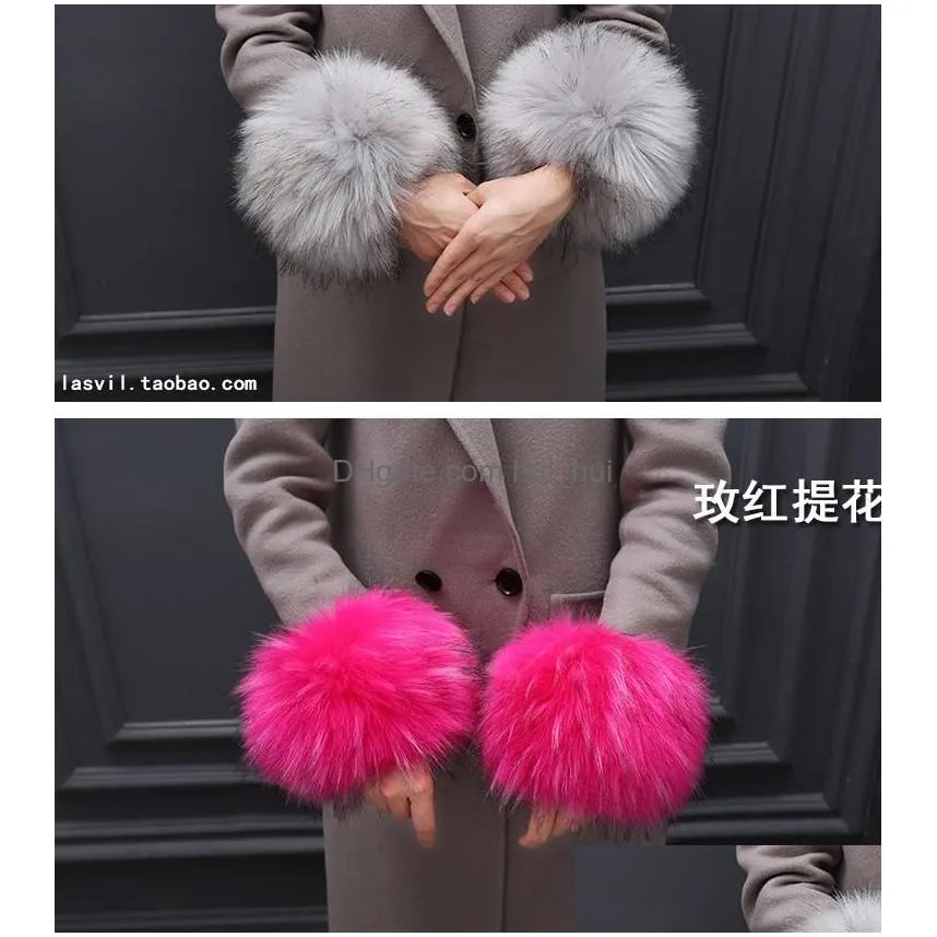 2021 winter woman glove with fur sleeve windbreak thickening and warm cuff large wrist guard leather-like hand ring