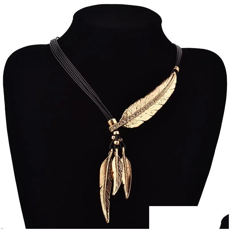 Pendant Necklaces Feather Pendant Necklace Mtilayer Leather Sweater Chain Antique Vintage Time Necklaces Bohemian Jewelry Drop Deliver Dhq4B