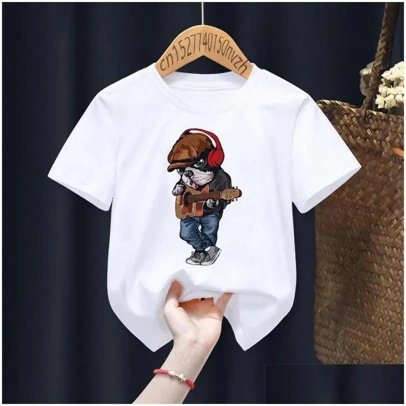 funny bear riding motorcycle print boy girl white t shirt kid summer harajuku kawaii little baby y2k clothes drop ship 220614