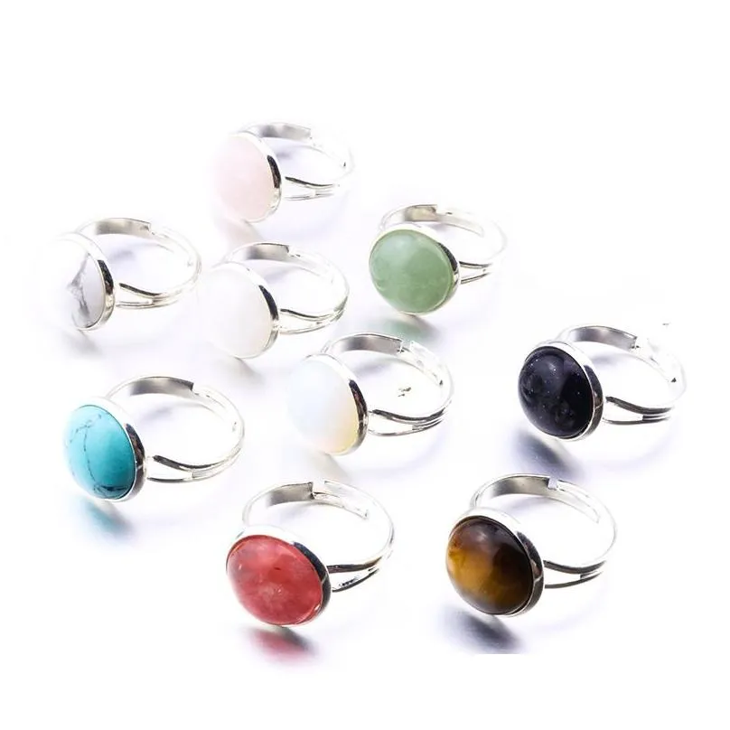 10mm 12mm natural stone rings silver gold color open adjustable turquoise amethysts pink quartz crystal women ring party wedding