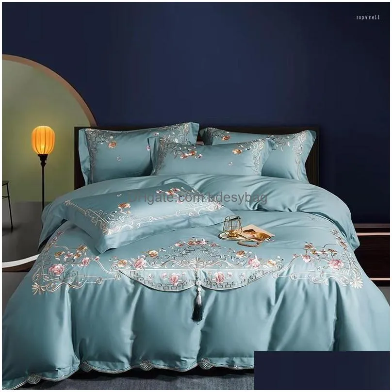 Bedding Sets Bedding Sets 800Tc Egyptian Cotton Set Classic Embroidery Duvet Er With Tassles Soft Skin-Friendly Flat/Fitted Sheet Pill Dhmvo