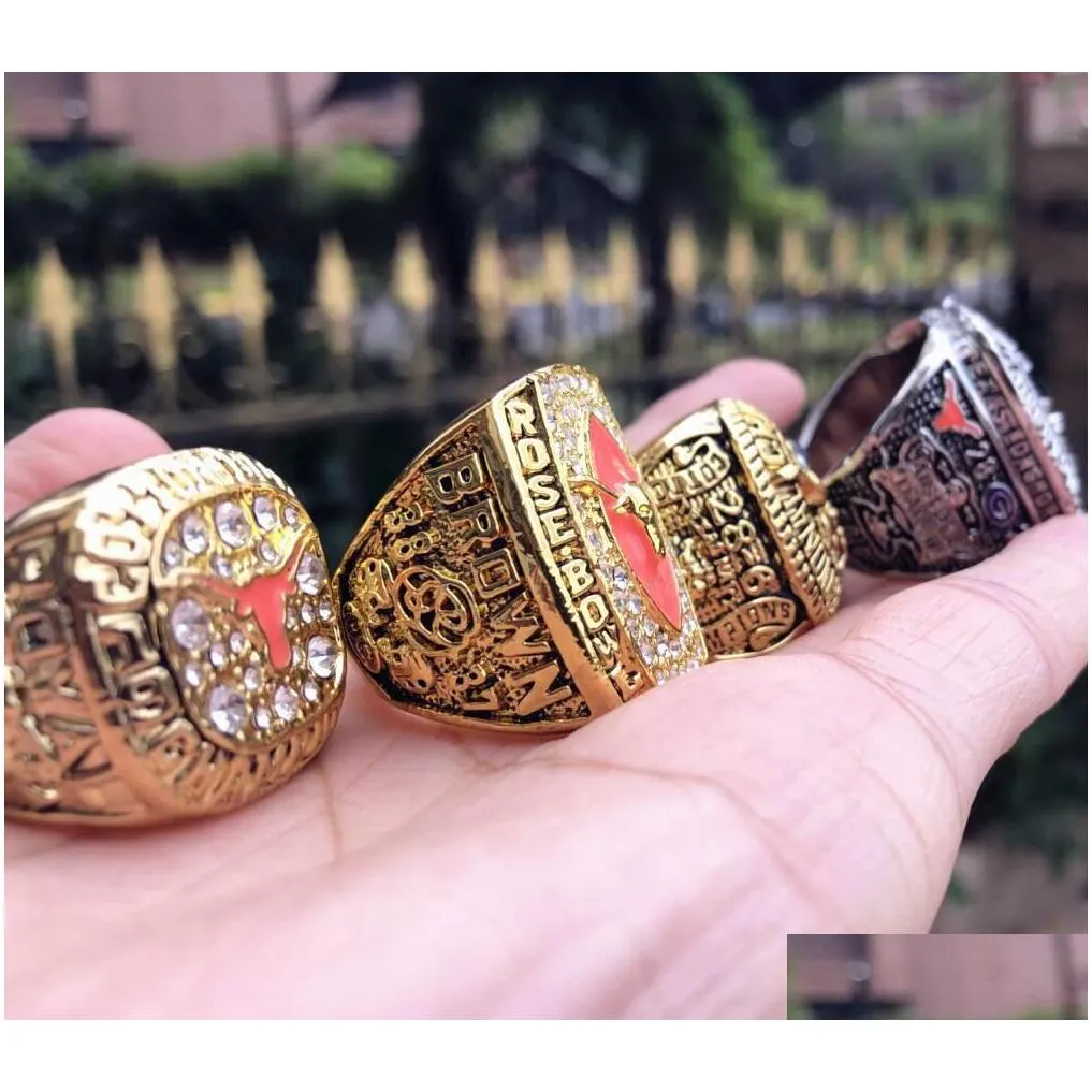 With Side Stones 4Pcs Texas Longhorn Rose Bowl Sec Team Champions Championship Ring With Wooden Box Men Fan Gift Wholesale Drop Drop D Dhrvm