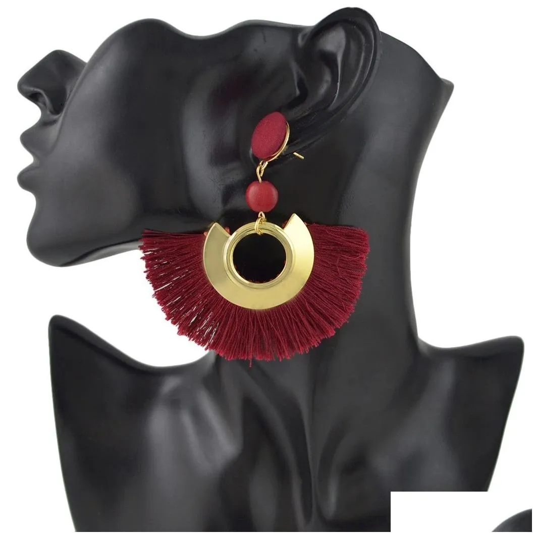 idealway 5Colors Bohemian Fringe Earrings Graceful Beauty Gold Metal Resin Bead Fabric Thread Tassel Pendant Drop Earrings Gift