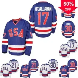 Mag Mit Mens 1980 USA Miracle On Ice Hockey Jersey #17 Jack O`Callahan #21 Mike Eruzione #30 Jim Craig 100% Stitched Team USA Hockey Jerseys Blue