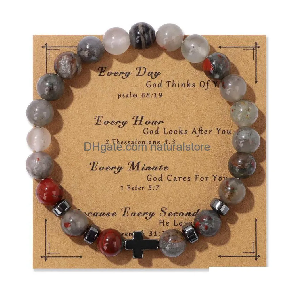 Beaded Natural Stone Tiger Eye Beads Hematite Cross Bracelet Mes Card Kraft Paper Jewelry Nce Reiki Buddha Prayer Yoga For Drop Delive Dhicn