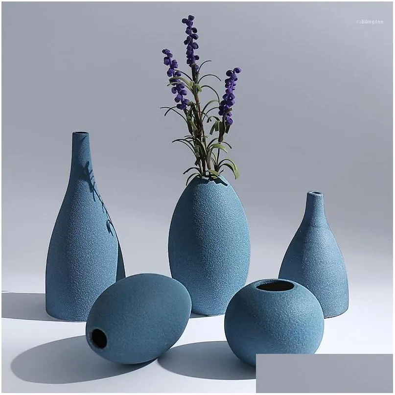 Vases Vases Blue Black Gray 3Colors European Modern Frosted Ceramic Vases/Flower Receptacle Tabletop Vase /Home Ornaments Furnishing D Dhhfb