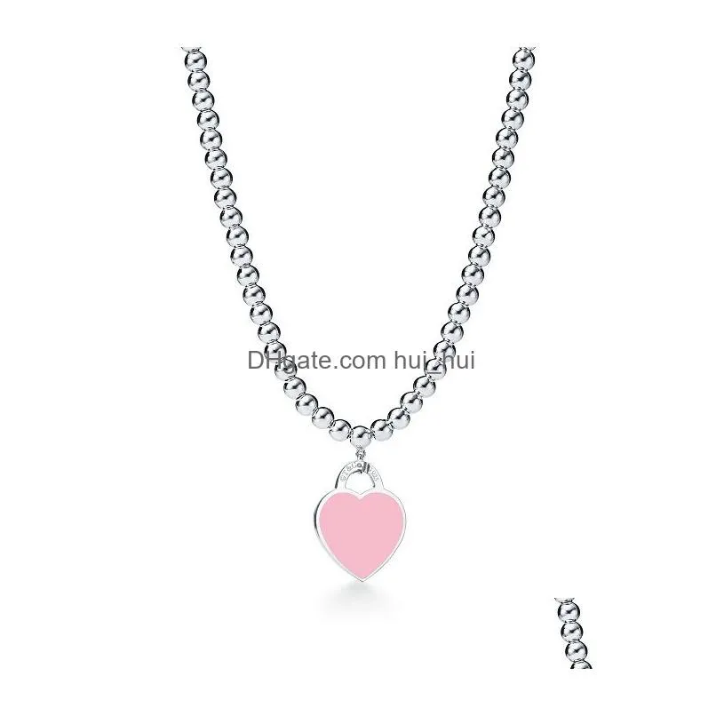 pendant design 925 sterling silver beads necklaces for women jewelry with pink blue red black color enamel heart necklace wholesale tiff