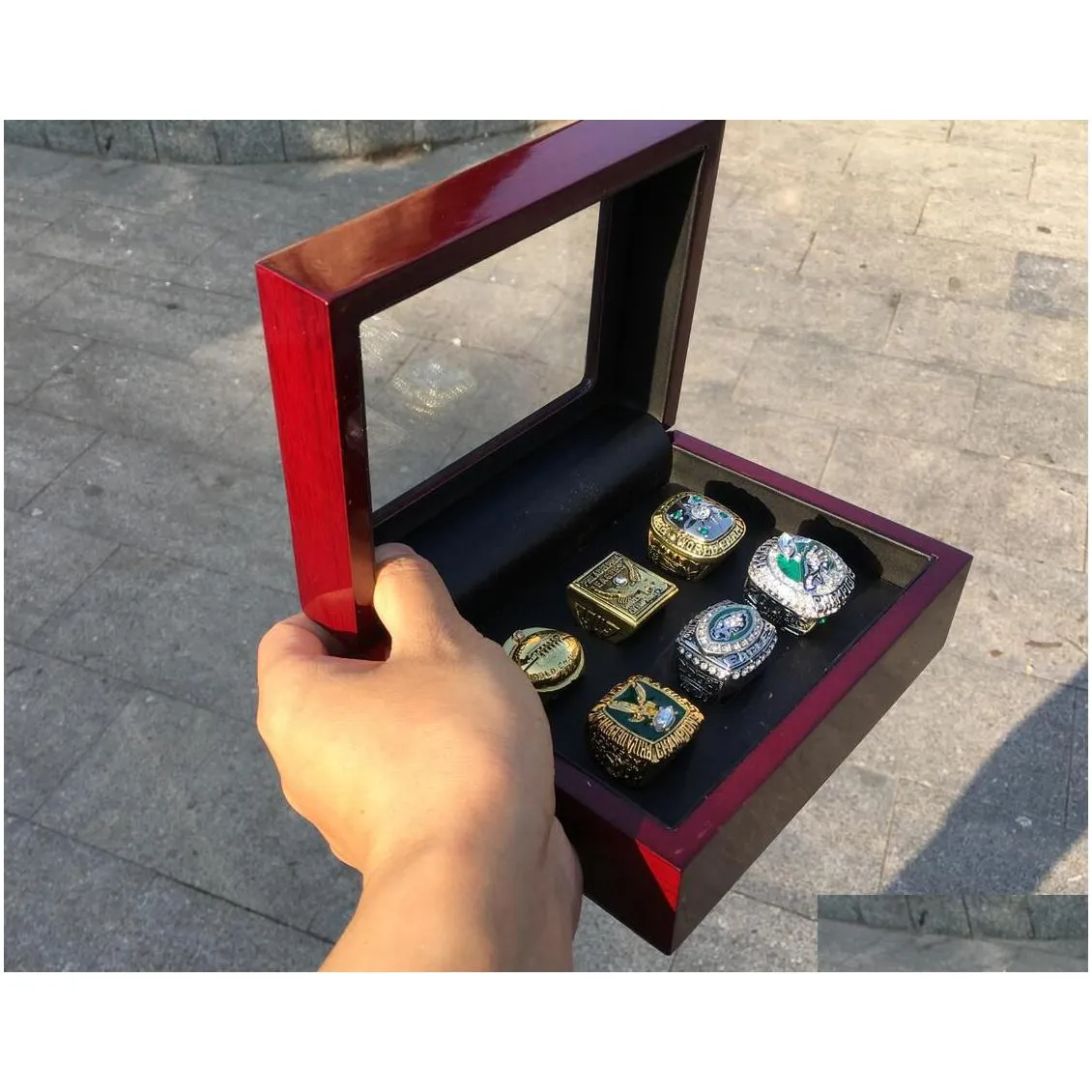Cluster Rings Philadelphia 6Pcs  American Football Team Champions Championship Ring Set With Wooden Box Souvenir Men Fan Gift Dro Dhmbf