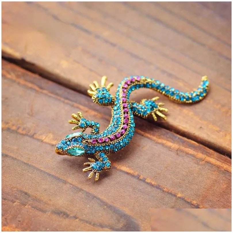 pins brooches vintage personality crystal lizard brooch pin colorful geckos animal clothes hat decorations jewelry statement gift