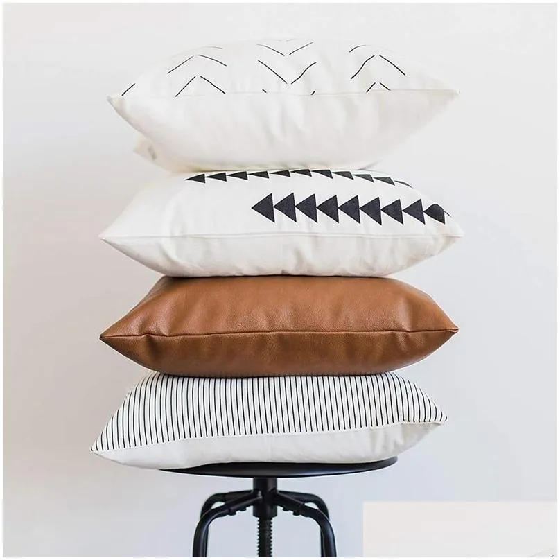 HOT Decorative Throw Pillow Covers Only For Couch, Sofa, Or Bed Set Of 4 18X18 Inch Modern Design Short Plush Stripes Geometric Pillow