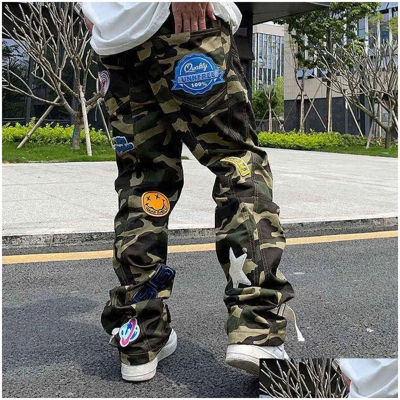 high street camouflage jeans mens embroidered mens streetwear fashion brand american hip hop straight casual cargo pants h1223