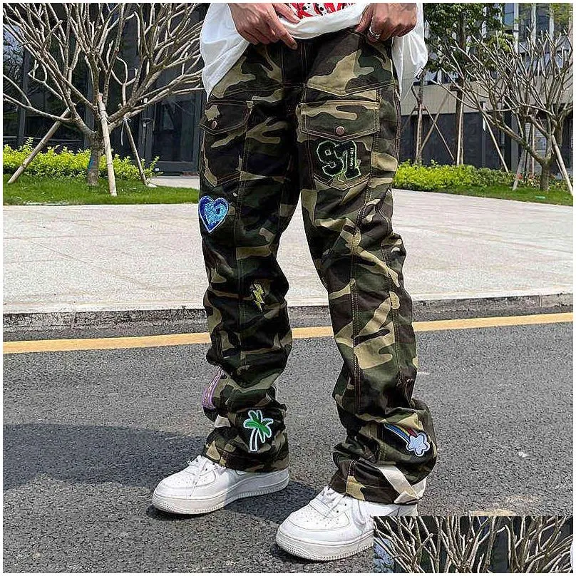 high street camouflage jeans mens embroidered mens streetwear fashion brand american hip hop straight casual cargo pants h1223