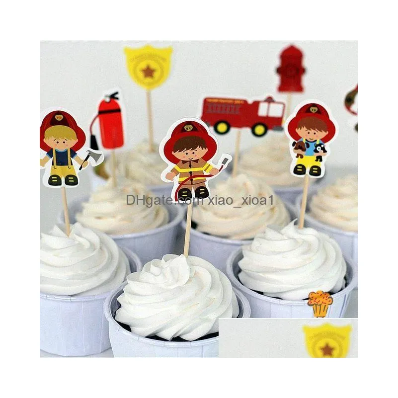 72pcs fireman cake toppers cupcake picks cases fire fighter kids birthday party decoration baby shower candy bar