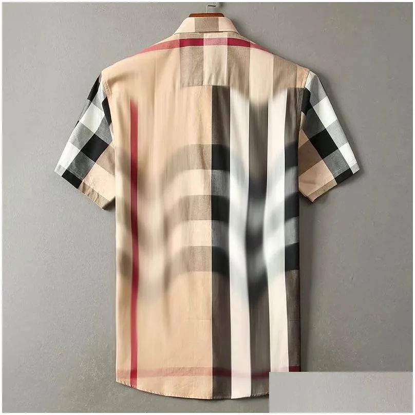 high quality designer mens casual shirt burbereys mens camisas de hombre fashion geometric check print short sleeved lapel business versatile