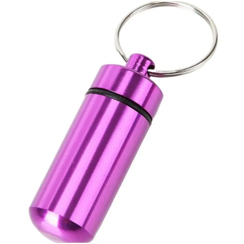 wholesale 48*14mm Metal container keychain aluminum pill box holder Multifunction First Aid Key Chain Aluminum Bottles Keyring Seal