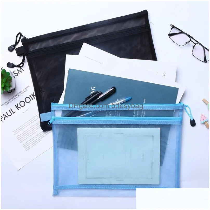 two layers a4 file bag pencil bags simple transparent mesh yarn zipper stationery bag student largecapacity pencil pouch lx3632