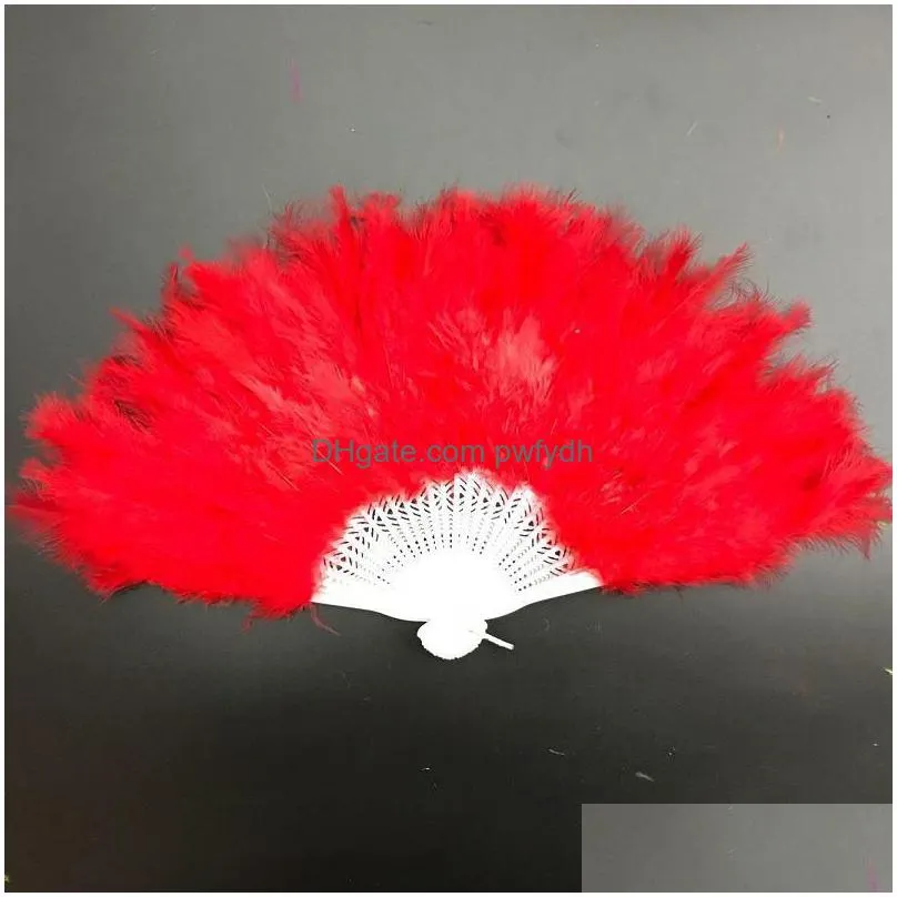 10 colors folding feather fan party decoration hand held vintage chinese style dance wedding craft downy feathers foldable dancing fans