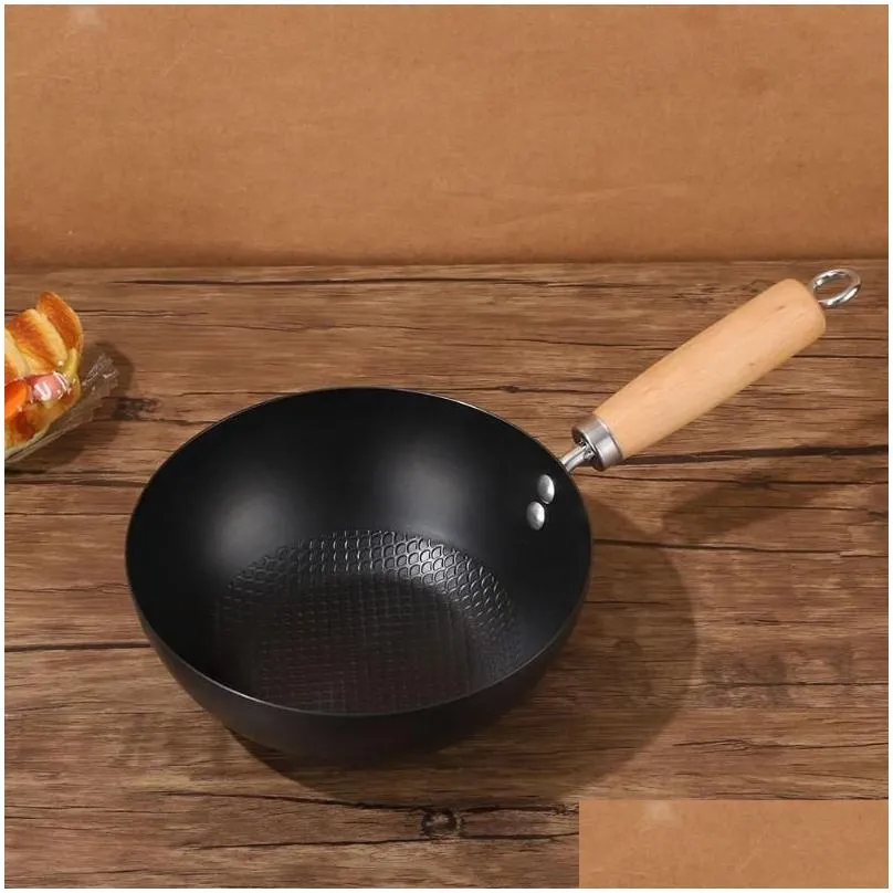 Pans Wok Pan Gas Stove Nonstick Frying Induction Hob Household Cooking Pot Wooden Kitchen Cookware Small Traditional