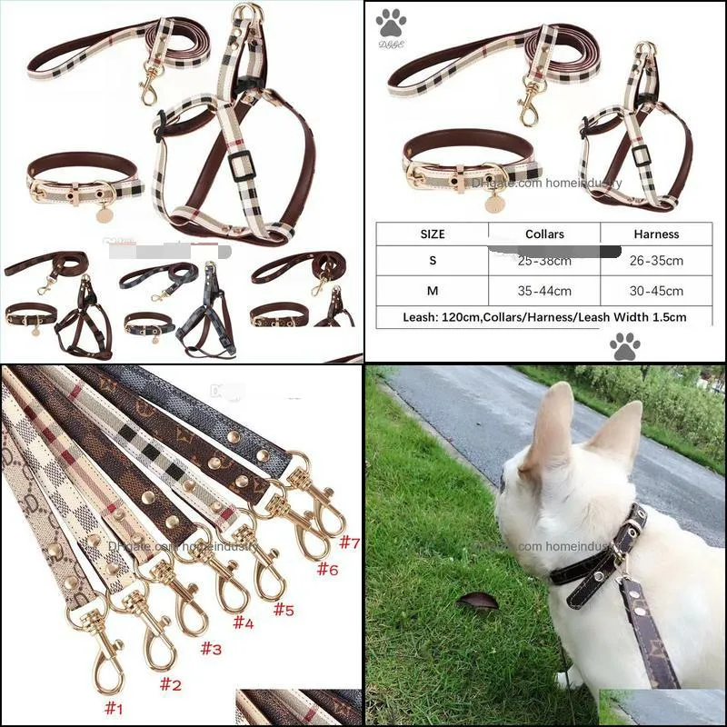 step in dog harness and leashes set classic plaid designer dog collar leash soft adjustable leather pets collars for small medium dogs chihuahua bulldog