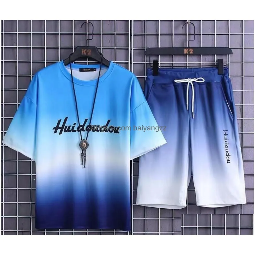 tie dye 4-color summer suit ultra-thin mens sports ice silk quick drying short-sleeved shorts with gradual color change m-2xl/3xl/4xl