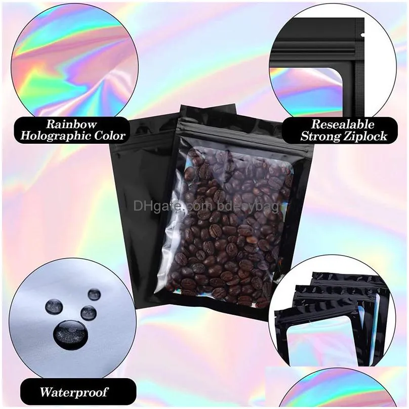 5 colors smell proof mylar bags resealable odor proof bags holographic packaging pouch bag with clear window for food lx4577