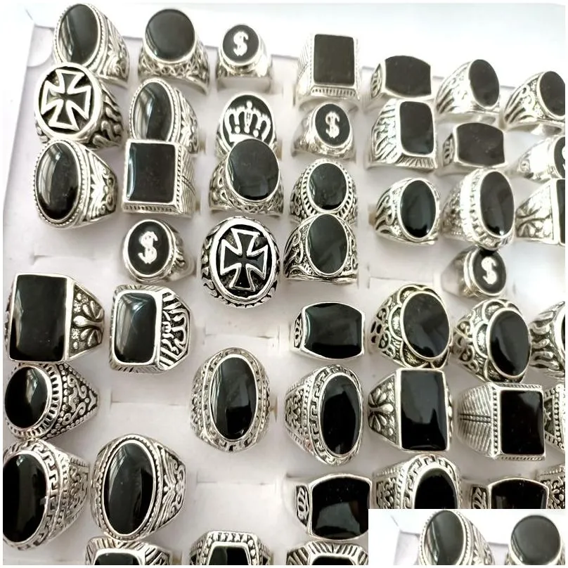 wholesale 50pcs design mix enamel silver rings for men vintage man ring retro punk alloy jewelry party favor