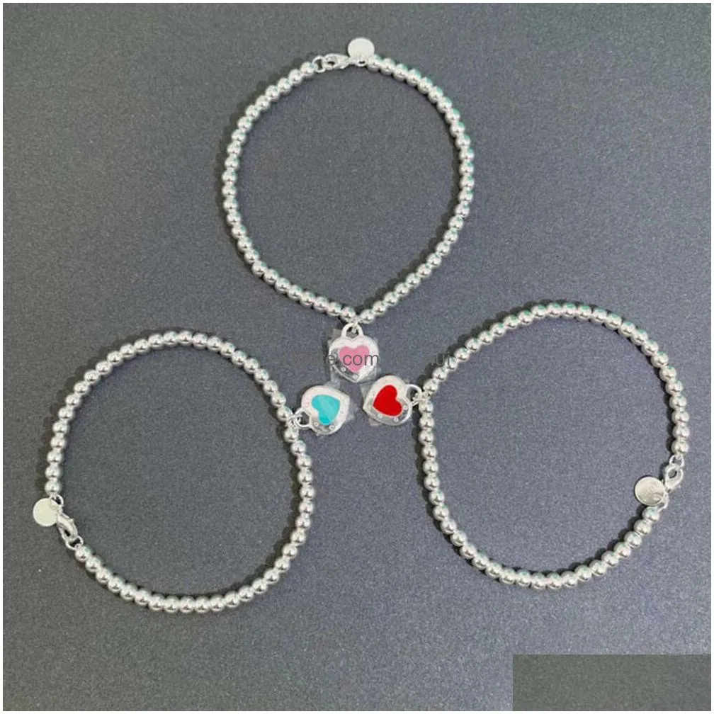 bangle tiffanyism bracelet t 925 sterling silver drop glue rivet heart 4mm round bead bracelet tee love enamel crowd bracelet