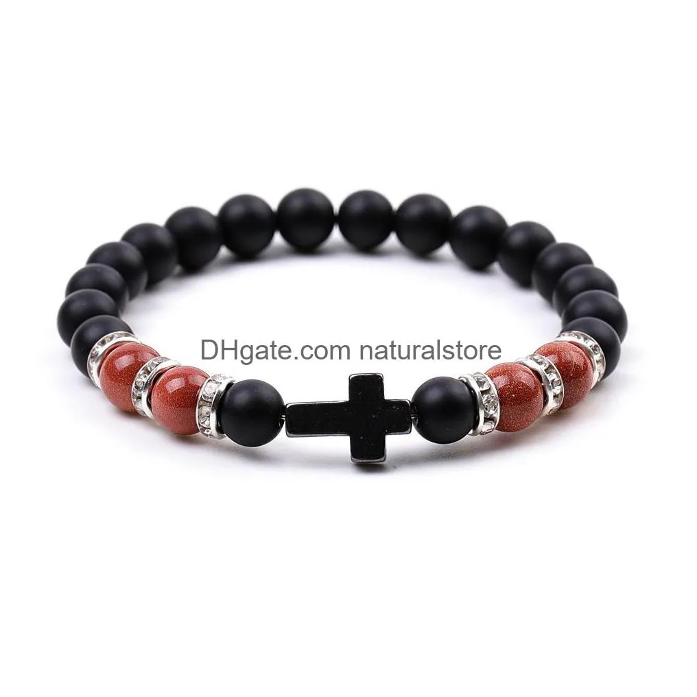 Bangle 8Mm Black Matted Beads Strand Rose Quartz Tigers Eye Cross Charms Bracelet Men Women Yoga Healing Nce Bangle Drop Delivery Jewe Dhuo8